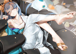  artist_name azur_lane barefoot between_toes blue_eyes blue_hair breasts champagne_(azur_lane) champagne_(lapis_lazuli&#039;s_first_dream)_(azur_lane) chinese_commentary cleavage collarbone commentary_request feet female fingernails foot_focus full_body hair_ornament hand_up highres holding holding_own_hair horns japanese_clothes jewelry kimono legs legs_up long_hair looking_at_viewer lying manjuu_(azur_lane) medium_breasts necklace obi off_shoulder official_alternate_costume on_back oshin0_(zheng) parted_lips revision sarashi sash single_bare_shoulder soles solo spread_toes toenails toes white_kimono 