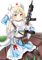  absurdres ammunition_pouch black_pantyhose blonde_hair blue_coat blue_eyes blush braid capelet closed_mouth coat feet_out_of_frame female fur-trimmed_capelet fur_hat fur_trim girls&#039;_frontline gloves gun hair_ornament hairclip hat highres holding holding_gun holding_weapon long_hair looking_at_viewer low_twintails mutugorou_u on_bench pantyhose papakha pouch ppsh-41 ppsh-41_(girls&#039;_frontline) ppsh-41_(mod3)_(girls&#039;_frontline) red_star salute scarf sitting smile solo star_(symbol) submachine_gun twintails weapon white_gloves white_hat white_scarf 