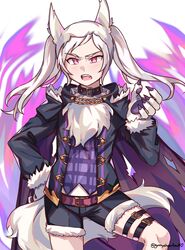  animal_ears animal_hands aura belt dark_aura female fire_emblem fire_emblem_awakening fire_emblem_heroes fur_trim gloves graysheartart grima_(fire_emblem) halloween_costume highres long_sleeves open_mouth paw_gloves red_eyes robin_(female)_(fire_emblem) robin_(female)_(halloween)_(fire_emblem) robin_(fire_emblem) shorts solo twintails white_hair wolf_ears 