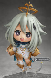  :d absurdres artist_name asymmetrical_legwear bare_shoulders blue_scarf bright_pupils cape chibi dress faux_figurine female full_body genshin_impact grey_background hair_ornament halo highres long_sleeves looking_at_viewer nendoroid open_mouth paimon_(genshin_impact) photorealistic photoshop_(medium) puffy_sleeves realistic romper scarf shiori2525 short_hair simple_background single_thighhigh smile solo thighhighs uneven_legwear white_dress white_hair white_legwear white_pupils white_romper wide_sleeves 