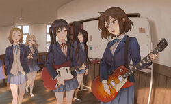  5girls :d ;d akiyama_mio black_hair black_socks blazer blonde_hair blue_eyes blue_jacket book bookshelf brown_eyes brown_hair chair collared_shirt dress_shirt drumsticks electric_guitar fender_mustang gibson_les_paul guitar guitar_case hair_between_eyes hairband hirasawa_yui indoors instrument instrument_case jacket k-on! kotobuki_tsumugi long_hair long_sleeves maachi_(fsam4547) multiple_girls nakano_azusa one_eye_closed open_mouth pleated_skirt sakuragaoka_high_school_uniform school_uniform shirt shoes short_hair sidelocks skirt smile socks tainaka_ritsu thick_eyebrows twintails uwabaki white_shirt window winter_uniform wooden_floor yellow_eyes 