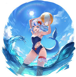  adapted_costume armpits bad_id bad_pixiv_id ball bare_arms bare_shoulders beachball blue_eyes blue_hair blue_one-piece_swimsuit blue_sky bridal_garter clothing_cutout cloud commentary_request day female fins fish_tail flower gawr_gura gawr_gura_(1st_costume) grey_hair hair_flower hair_ornament hololive hololive_english legs_apart looking_at_viewer medium_hair multicolored_hair navel navel_cutout ocean one-piece_swimsuit open_mouth outdoors shark_girl shark_tail sharkini sharp_teeth sky smile solo sorutoneko streaked_hair sun sunlight swimsuit tail teeth thighs virtual_youtuber water 