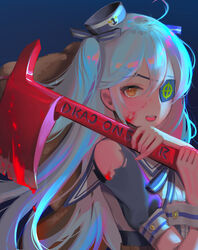  absurdres axe blood blood_on_face blood_on_weapon blue_hair commentary_request dress eyepatch female fire_axe guunhanchi hair_between_eyes hair_ribbon hat highres holding holding_axe holding_weapon last_origin light_blue_hair looking_at_viewer lrl_(last_origin) open_mouth print_eyepatch ribbon sailor_dress sailor_hat smile solo stuffed_animal stuffed_toy teddy_bear weapon yellow_eyes 