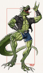  abs absurd_res anthro bottomwear claws clothing dinosaur english_text extinct finbeard green_body hi_res jacket male muscular muscular_male pecs prehistoric_species reptile rocco_(tallion) scales scalie shorts solo spikes spikes_(anatomy) text theropod tongue topwear tyrannosaurid tyrannosauroid tyrannosaurus tyrannosaurus_rex 