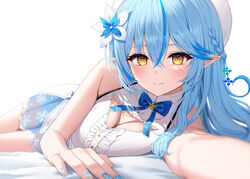  bangs bed_sheet blue_bow blue_bowtie blue_hair blue_nails blurry blush bow bowtie braid breasts cleavage cleavage_cutout closed_mouth clothing_cutout commentary depth_of_field female flower frills hair_between_eyes hair_flower hair_ornament hat highres hololive kohanayuki large_breasts lying multicolored_hair on_side pointy_ears shirt sleeveless sleeveless_shirt smile solo streaked_hair virtual_youtuber white_headwear white_shirt yellow_eyes yukihana_lamy 