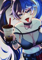  ahoge belt black_belt black_bra black_bracelet black_choker black_hair black_nails black_pants blue_eyes blue_hair blue_nails bra bracelet breasts bubble_tea choker cleavage cup ear_piercing female fishnet_top fishnets half-skirt highres holding holding_cup jewelry katanose_(user_hjrw5873) kson kson_(4th_costume) large_breasts long_hair looking_at_viewer miniskirt mole mole_under_eye multicolored_hair multicolored_nails nail_polish navel open_mouth pants piercing purple_hair red_skirt shirt skirt solo spiked_bracelet spikes streaked_hair tongue tongue_out tongue_piercing torn_clothes torn_pants twintails underwear v virtual_youtuber vshojo 