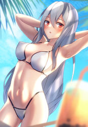  :o alternate_costume arknights armpits arms_behind_head bare_shoulders bikini blue_sky blurry blush breasts breasts_apart bubble_tea collarbone commentary_request covered_nipples cowboy_shot day depth_of_field drinking_straw female grey_hair hair_between_eyes highres long_hair looking_at_viewer medium_breasts navel outdoors partial_commentary red_eyes shirai_yu skadi_(arknights) sky solo stomach swimsuit very_long_hair white_bikini white_hair 