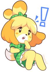  ! absurdres animal_crossing animal_ears artist_name barefoot black_eyes blonde_hair blush_stickers bow commentary dog_ears dog_girl dog_tail dress english_commentary female flat_chest full_body furry furry_female green_bow green_dress green_ribbons hair_ribbon hairbow hand_up highres isabelle_(animal_crossing) open_mouth plaid plaid_dress puffy_short_sleeves puffy_sleeves ribbon short_hair short_sleeves signature simple_background solo starbirbz tail teeth topknot white_background 