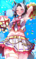  animal_ears armpits bad_id bad_pixiv_id black_hair blurry blurry_background blush cheerleader commentary_request confetti cosplay cowboy_shot ear_ornament female groin highres horse_ears horse_girl horse_tail kamome_(aiou0413) medium_hair mejiro_ramonu_(umamusume) midriff multicolored_hair navel nice_nature_(run&amp;win)_(umamusume) nice_nature_(umamusume) nice_nature_(umamusume)_(cosplay) one_eye_closed outdoors parted_bangs pom_pom_(cheerleading) purple_eyes smile solo streaked_hair sweat tail thigh_strap thighs umamusume very_sweaty white_hair 