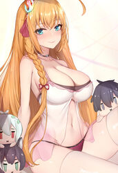  :x absurdres ahoge aqua_eyes babydoll bare_shoulders black_choker blonde_hair blush braid breasts character_doll choker cleavage closed_mouth collarbone commentary female hair_ribbon hairband highres karyl_(princess_connect!) kokkoro_(princess_connect!) large_breasts long_hair looking_at_viewer navel pecorine_(princess_connect!) pecorine_(summer)_(princess_connect!) princess_connect! red_hairband red_ribbon revision ribbon see-through sherryqq side_braid sitting smile solo straight_hair thighhighs very_long_hair white_thighhighs yuuki_(princess_connect!) 