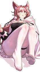  absurdres animal_ear_fluff animal_ears arknights black_dress blush breasts cape cleavage convenient_leg dress feet female foot_focus foreshortening hair_intakes highres knees_up large_breasts legs long_hair long_sleeves looking_at_viewer no_shoes official_alternate_costume open_mouth pantyhose pink_eyes pink_hair pozyomka_(arknights) pozyomka_(snowy_plains_in_words)_(arknights) simple_background sitting skindentation soles solo thigh_strap toes very_long_hair white_background white_cape white_pantyhose wolf_ears yamauchi_(conan-comy) 