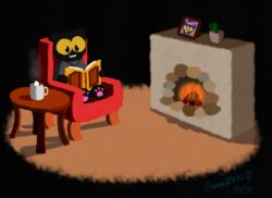  2020 anthro black_background cactus felid female fireplace google google_doodle halloween hi_res holidays hot_drink magic_cat_academy mammal momo_(google) plant signature simple_background sitting solo sweetreat yellow_sclera 