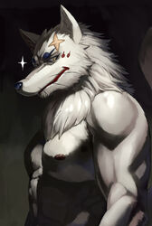  abs anthro biceps black_eyebrows black_nose canid canine canine_ears colored digital_media_(artwork) eyebrows facial_scar fox fur gingitsune gintaro grinning_at_viewer inubikko lips looking_at_viewer male mammal mature_male muscular muscular_male neck_tuft nipples pecs portrait red_lips scar shaded simple_background solo tail tuft whiskers white_body white_fur yellow_eyes 