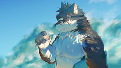  1boy animal_ears bara body_fur brown_fur dog_boy dog_ears furry furry_male goggles goggles_on_head male_focus moritaka_(housamo) oerba_yun_fang pectorals plump quirrel_(gharnedanshyo) scar scar_on_chest scar_on_face scar_on_nose seashell shell short_hair smile solo thick_eyebrows tokyo_afterschool_summoners white_fur 