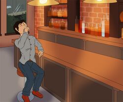  alcohol bar beverage clothed clothing detailed_background drinking human human_only male mammal not_furry potion solo transformation_potion unknown_artist 