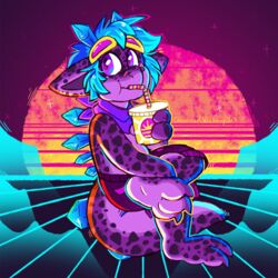  anthro bandana beverage blue_hair bottomwear claws clothing crownedvictory crystal eyewear feet goggles hair hi_res kerchief kitsyfluff lizard male purple_body purple_scales reptile scales scalie shorts soles solo sunset synthwave tail 