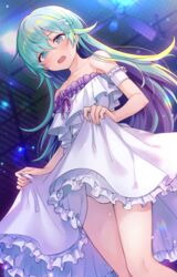  +_+ 1boy aqua_eyes aqua_hair arm_garter bare_shoulders bulge ceiling_fan clothes_lift crossdressing dohna_dohna_issho_ni_warui_koto_o_shiyou dress dress_lift e_(eokiba) embarrassed feet_out_of_frame frilled_dress frills hair_ornament hairclip highres indoors joker_(dohna_dohna) lifting_own_clothes long_hair male_focus open_mouth otoko_no_ko panties sleeveless sleeveless_dress strapless strapless_dress sweatdrop underwear white_panties 