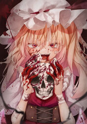  :d absurdres bandaged_arm bandages bandaid bandaid_on_face blonde_hair blood blood_from_mouth blood_on_bandages blood_on_clothes blood_on_face breasts broken_skull calpis118 commentary_request corset dark_background female flandre_scarlet hair_between_eyes hands_up hat highres holding holding_skull long_hair looking_at_viewer mob_cap nail_polish one_side_up open_mouth red_background red_eyes red_nails red_vest short_sleeves simple_background skull small_breasts smile solo tongue touhou upper_body vest white_hat 