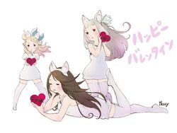  3girls agnes_oblige animal_ears blonde_hair blue_eyes bow box bravely_default:_flying_fairy bravely_default_(series) bravely_second:_end_layer brown_hair cat_ears closed_eyes dress edea_lee flower hair_flower hair_ornament hairband hairbow happy_valentine heart-shaped_box highres ikusy long_hair magnolia_arch multiple_girls official_art over-kneehighs red_eyes short_dress thighhighs valentine white_dress white_hair white_legwear 