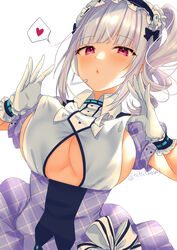  absurdres azur_lane blush breasts clothes_lift clothing_cutout dido_(azur_lane) dido_(muse)_(azur_lane) dress duplicate female framed_breasts frills gloves hairband headset heart highres idol large_breasts lifting_own_clothes long_hair looking_at_viewer pink_eyes pixel-perfect_duplicate plaid puffy_short_sleeves puffy_sleeves short_sleeves side_ponytail solo spoken_heart teltelhousi underboob underboob_cutout white_gloves white_hair 