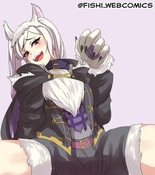  animal_ears animal_hands bad_id bad_twitter_id belt cuddlephish0 female fire_emblem fire_emblem_awakening fire_emblem_heroes gloves grima_(fire_emblem) long_sleeves open_mouth paw_gloves purple_background red_eyes robin_(female)_(fire_emblem) robin_(female)_(halloween)_(fire_emblem) robin_(fire_emblem) simple_background solo spread_legs twintails twitter_username white_hair wolf_ears 