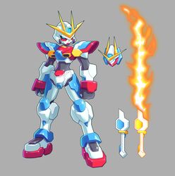  biometal blue_eyes clenched_hands crossover energy_sword grey_background gundam gundam_build_fighters gundam_build_fighters_try highres mecha mega_man_(series) mega_man_zx no_humans parody robot science_fiction solo standing style_parody sword try_burning_gundam ultimatemaverickx v-fin weapon 