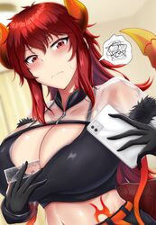  between_breasts black_gloves black_sports_bra blush breasts bust_measuring closed_mouth dola_(6th_costume)_(nijisanji) dola_(nijisanji) dragon_girl dragon_horns dragon_tail embarrassed fatetan female flame_print fur-trimmed_sleeves fur_trim gloves hair_between_eyes highres horns huge_breasts indoors long_hair measuring midriff nijisanji partially_fingerless_gloves penis_measuring red_eyes red_hair ruler see-through shrug_(clothing) solo sports_bra sweatdrop tail taking_picture underwear virtual_youtuber zipper zipper_pull_tab 