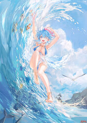  ;d armpits arms_up artist_name atdan bangs bare_legs barefoot barefoot_sandals bikini bird blue_bikini blue_eyes blue_hair blue_sky blush breasts cleavage clownfish commentary day english_commentary expressive_clothes female full_body haiyi hand_on_headwear hat highres jewelry large_breasts legs liquid_clothes necklace one_eye_closed open_mouth outdoors pink_headwear rock sea_turtle seagull sky smile solo swimsuit synthesizer_v turtle water waving 