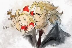  1boy beard black_suit blonde_hair blue_eyes bow braev_lee bravely_default:_flying_fairy bravely_default_(series) edea_lee facial_hair father&#039;s_day father_and_daughter female formal hair_ornament hairbow highres ikusy necktie official_art rocking_horse suit toy 