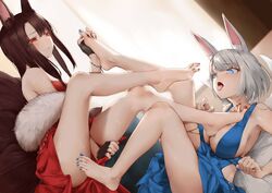  2girls akagi_(azur_lane) akagi_(ruby-laced_beauty)_(azur_lane) animal_ear_fluff animal_ears azur_lane bare_legs barefoot black_gloves black_hair blue_dress blue_eyes blue_nails breasts chinese_commentary commentary_request dress eyes_visible_through_hair feet fingerless_gloves foot_on_breast foot_worship fox_ears fox_tail gloves highres holding_another&#039;s_foot incest kaga_(azur_lane) kaga_(exalted_white_wings)_(azur_lane) kitsune large_breasts legs long_hair looking_at_another lying md5_mismatch multiple_girls multiple_tails nail_polish official_alternate_costume on_back open_mouth oshin0_(zheng) red_dress red_eyes red_nails saliva saliva_trail siblings sisters sitting sleeveless sleeveless_dress tail toenail_polish toenails toes tongue tongue_out white_hair wristband yuri 