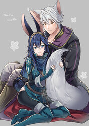  1boy ameno_(a_meno0) animal_ears armor black_pants black_robe black_sweater blue_cape blue_eyes blue_footwear blue_gloves blue_hair blush boots brown_eyes cape closed_mouth commentary_request dress female fingerless_gloves fire_emblem fire_emblem_awakening gloves grabbing_another&#039;s_tail grey_background hair_between_eyes hood hood_down hooded_robe kemonomimi_mode long_hair long_sleeves lucina_(fire_emblem) pants pauldrons rabbit_ears rabbit_tail red_cape ribbed_dress robe robin_(fire_emblem) robin_(male)_(fire_emblem) short_hair shoulder_armor simple_background sitting smile sweater tail tiara turtleneck turtleneck_sweater two-tone_cape white_hair white_pants wolf_ears wolf_tail 