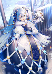  :d animal beret black_bow black_gloves blue_eyes blue_hair blue_tabard bow braid braided_bangs capelet chinese_commentary commentary_request day dress female gloves hair_between_eyes hair_ornament hairbow hat hatsune_miku highres long_hair long_sleeves open_mouth outdoors phino rabbit rabbit_yukine smile snow tabard tree twintails very_long_hair vocaloid white_capelet white_dress white_headwear yuki_miku yuki_miku_(2021) 