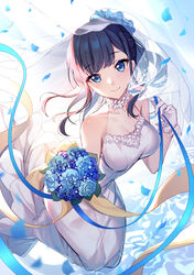  bison_cangshu black_hair blue_eyes blue_flower blue_ribbon blue_rose blush bouquet breasts bridal_veil cleavage closed_mouth commentary dress female flower flower_trim gloves gridman_universe hair_flower hair_ornament highres holding holding_bouquet long_hair medium_breasts mermaid_dress petals ribbon rose sleeveless sleeveless_dress smile solo ssss.gridman takarada_rikka updo veil wedding_dress white_dress white_gloves 