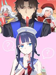  2boys 2girls ? absurdres arjuna_(fate) arjuna_alter_(fate) beret black_hair black_jacket blue_eyes blue_horns blue_sailor_collar blush braid breasts brooch brown_eyes brown_hair caren_hortensia caren_hortensia_(amor_caren) caren_hortensia_(amor_caren)_(second_ascension) churro cup dark-skinned_male dark_skin dress drinking_glass fate/grand_order fate_(series) full-face_blush hat highres horns house_tag_denim jacket jewelry korean_commentary kotomine_kirei large_breasts long_hair long_sleeves looking_at_viewer low_twin_braids medium_breasts medium_hair multicolored_hair multiple_boys multiple_girls neck_ribbon neck_ring neckerchief necklace open_mouth parted_bangs pink_hair priest rasputin_(fate) red_dress red_headwear ribbon sailor_collar sailor_hat shirt short_hair sidelocks sleeveless sleeveless_shirt smile spicy stole streaked_hair twin_braids utsumi_erice utsumi_erice_(swimsuit_avenger) utsumi_erice_(swimsuit_avenger)_(second_ascension) wavy_hair white_hair white_headwear white_shirt yellow_eyes 