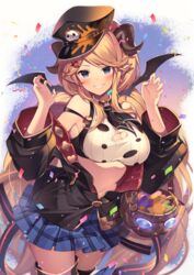  bad_id bad_pixiv_id bare_shoulders black_headwear black_jacket blonde_hair blue_eyes blue_skirt breasts claw_pose cleavage cleavage_cutout clothing_cutout confetti cowboy_shot crop_top draph female granblue_fantasy grin hallessena halloween_bucket hat highres homaderi horns jacket large_breasts long_hair long_sleeves midriff miniskirt navel off_shoulder open_clothes open_jacket peaked_cap plaid plaid_skirt pleated_skirt pointy_ears shirt skirt sleeveless sleeveless_shirt smile strap_slip thighhighs white_shirt zettai_ryouiki 