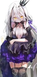  absurdres bare_shoulders blush breasts champagne_flute cowboy_shot crown cup dress drinking_glass evening_gown female garter_straps girls&#039;_frontline hair_between_eyes highres kamiya_mitobe long_hair looking_at_viewer medium_breasts multicolored_hair rhino_(girls&#039;_frontline) rhino_(lunar_crown)_(girls&#039;_frontline) sideboob skindentation solo streaked_hair thighhighs very_long_hair white_hair yellow_eyes 