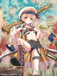  ammunition_belt armpits bad_id bad_pixiv_id bandeau bare_arms belt blonde_hair blue_shorts boots brown_eyes bullet coat coat_on_shoulders day female finger_on_trigger flat_chest gloves gold_trim gun hand_on_own_hip hand_up hat holding holding_gun holding_weapon knee_boots long_hair long_sleeves looking_at_viewer midriff military_hat navel official_art peaked_cap revealing_clothes rifle short_shorts shorts side_ponytail sleeveless smile solo standing stomach teikoku_senki thigh_strap thighs tilmia_(teikoku_senki) very_long_hair watermark weapon white_coat white_gloves white_hat yuuki_rika 