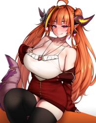  :p ahoge armpit_crease bare_shoulders blaccura black_ribbon black_thighhighs blonde_hair blunt_bangs blush bow breasts camisole cleavage collarbone diagonal-striped_bow diagonal_stripes dragon_girl dragon_horns dragon_tail feet_out_of_frame female frilled_camisole frills hair_intakes hair_ribbon hand_on_own_chest heart highres hololive horn_bow horn_ornament horns huge_breasts jacket jewelry kiryu_coco kiryu_coco_(loungewear) long_hair long_sleeves looking_at_viewer multicolored_hair off_shoulder official_alternate_costume open_clothes open_jacket orange_background orange_hair partially_unzipped pendant pointy_ears red_eyes red_jacket ribbon sidelocks simple_background sitting sleeves_past_wrists smile solo spaghetti_strap streaked_hair striped striped_bow tail thighhighs tongue tongue_out track_jacket twintails two-tone_background two-tone_hair very_long_hair virtual_youtuber white_background white_camisole zettai_ryouiki zipper zipper_pull_tab 