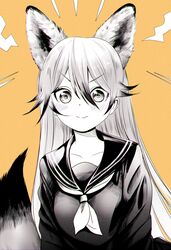  absurdres akegata_tobari alternate_costume animal_ears blush chromatic_aberration collarbone commentary extra_ears ezo_red_fox_(kemono_friends) female film_grain fox_ears fox_girl fox_tail hair_between_eyes highres kemono_friends long_sleeves looking_at_viewer neckerchief sailor_collar school_uniform serafuku solo sweater tail v-shaped_eyebrows 