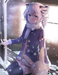  absurdres black_thighhighs blue_jacket blush bronya_zaychik bronya_zaychik_(snowy_sniper) closed_mouth dfd female grey_eyes grey_hair hair_between_eyes highres homu_(honkai_impact) honkai_(series) honkai_impact_3rd jacket looking_at_viewer on_floor outdoors scarf sitting smile solo thighhighs window 