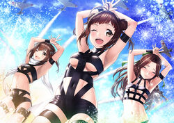  3girls aircraft airplane alternate_costume antenna_hair armpits blue_sky blush breasts brown_eyes brown_hair closed_eyes closed_mouth collarbone commentary_request covered_navel dancing double_bun duplicate embarrassed groin hair_between_eyes hair_bun hair_intakes hair_ornament headband hot_limit jintsuu_(kancolle) jintsuu_kai_ni_(kancolle) kantai_collection long_hair medium_breasts multiple_girls naka_(kancolle) naka_kai_ni_(kancolle) navel no_bra one_eye_closed open_mouth pixel-perfect_duplicate sendai_(kancolle) sendai_kai_ni_(kancolle) sky small_breasts t.m.revolution underboob unowen 