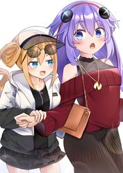  2girls bag bare_shoulders blue_eyes blush braid commentary_request eyewear_on_head hairband handbag highres jacket jewelry long_hair multiple_girls naoya_(naoya_ee) neptune_(series) open_mouth orange_hair orange_heart_(neptunia) pendant power_symbol power_symbol-shaped_pupils purple_hair purple_heart_(neptunia) shoulder_bag skirt smile sunglasses surprised symbol-shaped_pupils twin_braids very_long_hair visor_cap 