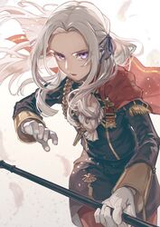  aiguillette bad_id bad_twitter_id cape commentary determined edelgard_von_hresvelg english_commentary feathers female fire_emblem fire_emblem:_three_houses garreg_mach_monastery_uniform gloves hair_ribbon holding holding_weapon long_hair looking_at_viewer military military_uniform parted_lips purple_eyes ribbon solo taki_(tkai40) uniform v-shaped_eyebrows weapon white_hair 