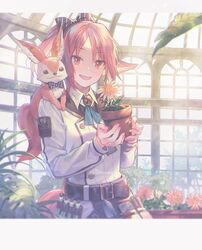  animal animal_ears animal_on_shoulder arknights bad_id bad_twitter_id belt bow bowtie brown_eyes brown_hair cowboy_shot daisy eyelashes female flower flower_pot foliage fox fox_ears fox_tail fur greenhouse hairbow highres holding holding_flower_pot indoors jacket lens_flare letterboxed lino_chang long_sleeves looking_at_viewer necktie official_alternate_costume open_mouth pants patch perfumer_(arknights) perfumer_(species_plantarum)_(arknights) philodendron plant ponytail potted_plant shirt smile sunlight tail trowel vial white_jacket white_pants window wing_collar 