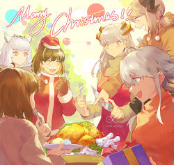  6+girls ahoge apron arknights blush bob_cut brown_hair christmas christmas_ornaments christmas_present christmas_tree commentary_request earrings fake_facial_hair fake_mustache feather_hair feathers food fork gift grey_eyes hat holding holding_fork holding_knife holding_plate hood hoodie horns ifrit_(arknights) jewelry knife long_hair looking_at_another magallan_(arknights) mayer_(arknights) multicolored_hair multiple_girls narakuuu open_mouth orange_eyes photoshop_(medium) plate platinum_blonde_hair ptilopsis_(arknights) rhine_lab_logo santa_costume santa_hat saria_(arknights) short_hair silence_(arknights) smile streaked_hair sweater table turkey_(food) turtleneck turtleneck_sweater yellow_eyes 