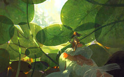  air_bubble birthday_wonderland brown_hair bubble character_request dappled_sunlight facing_away female fish floating floating_clothes floating_hair from_below green_theme highres koi lily_pad long_hair long_skirt mini_person minigirl nature orange_shirt pixiescout riding scenery shirt skirt sleeveless solo sunlight tank_top underwater white_skirt wide_shot 