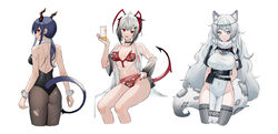  3girls absurdres aer7o ahoge animal_ear_fluff animal_ears arknights arms_behind_back ass belt bikini black_belt black_capelet black_leotard black_pantyhose blue_eyes braid breasts capelet ch&#039;en_(arknights) chinese_commentary commentary_request covered_navel cup demon_girl demon_horns demon_tail dragon_girl dragon_horns dragon_tail dress expressionless from_behind grey_eyes grey_hair grey_legwear groin highres holding holding_cup horns leopard_ears leopard_girl leopard_tail leotard long_hair long_sleeves looking_at_viewer looking_back medium_breasts multiple_girls nail_polish no_panties open_mouth pantyhose parted_lips pelvic_curtain pramanix_(arknights) red_bikini red_eyes red_nails scar scar_on_arm scar_on_back see-through shirt short_hair simple_background smile swimsuit tail tail_raised thighhighs twin_braids very_long_hair w_(arknights) white_background white_dress white_hair wrist_cuffs 