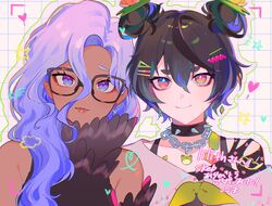  2girls black_hair blue_eyes blue_hair chain_necklace chains collar colored_tips dark-skinned_female dark_skin double_bun flower glasses hair_bun hair_flower hair_ornament hairclip harpy heterochromia highres indie_virtual_youtuber jewelry lilith_(vtuber) maya_the_harpy monster_girl multicolored_hair multiple_girls necklace nima_(nimamann) pale_skin purple_eyes spiked_collar spikes virtual_youtuber winged_arms wings yellow_eyes 