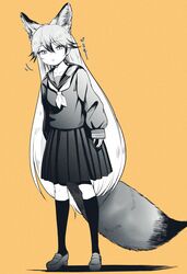  absurdres akegata_tobari alternate_costume animal_ears chromatic_aberration collarbone commentary extra_ears ezo_red_fox_(kemono_friends) female film_grain fox_ears fox_girl fox_tail full_body greyscale hair_between_eyes highres kemono_friends loafers long_hair long_sleeves monochrome neckerchief pleated_skirt sailor_collar school_uniform serafuku shoes skirt socks solo sweater tail translation_request very_long_hair 