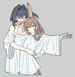  2girls alternate_costume blue_nails blush brown_eyes brown_hair chains closed_eyes commentary earrings english_commentary feather_hair hair_intakes hairband holding_hands hololive hololive_english jewelry long_hair mixed-language_commentary mouth_hold multiple_girls nail_polish nanashi_mumei off_shoulder open_mouth ouro_kronii oversized_clothes oversized_shirt ponytail shared_clothes shared_shirt shirt shirt_grab short_hair upper_body virtual_youtuber wada_arco yuri 